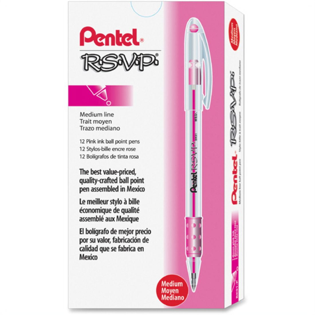 (3 pack) Pentel, PENBK91P, R.S.V.P Pink Medium Point Ballpoint Pen, 12 / Dozen