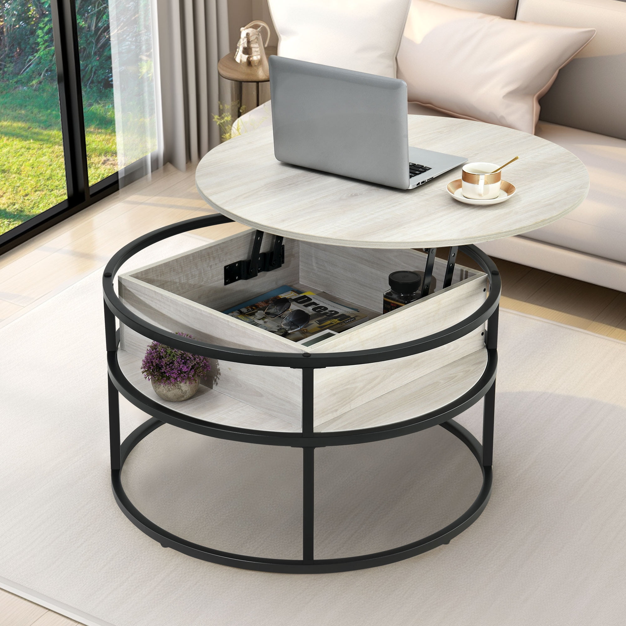 Dextrus Modern Lift Top Round Particle Board Coffee Table, White Oak