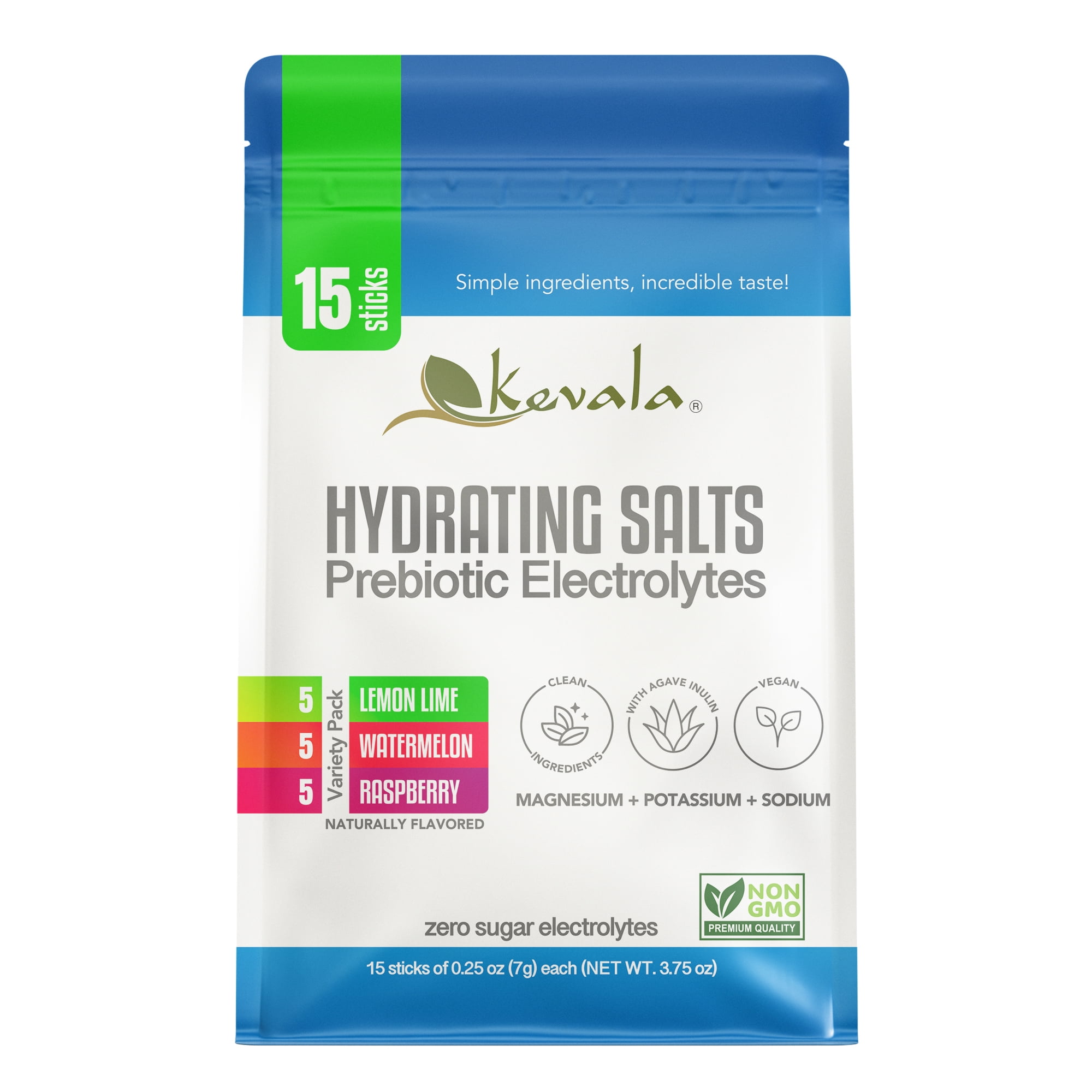 Kevala Electrolytes Powder - Prebiotic Agave Inulin – Variety Pack – Watermelon – Lemon Lime - Raspberry – 15 Sticks
