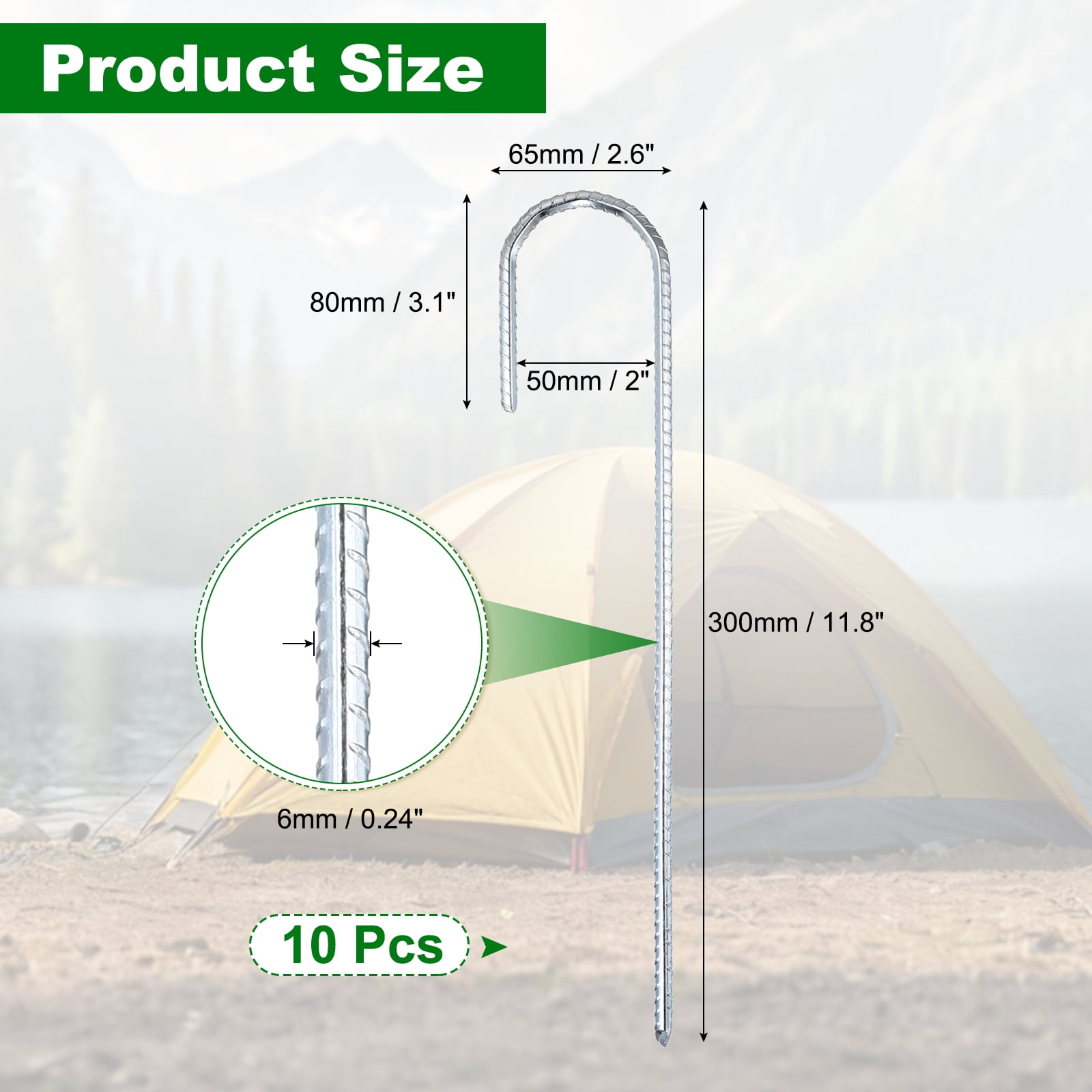 10 Pack Ground Stakes Heavy Duty J Shaped Stakes, 12 Inch Steel Tent Pegs 0.24" Dia J Hook Ground Anchors Link Fence Spikes with Chisel Point End for Garden Camping Gazebo, Silver