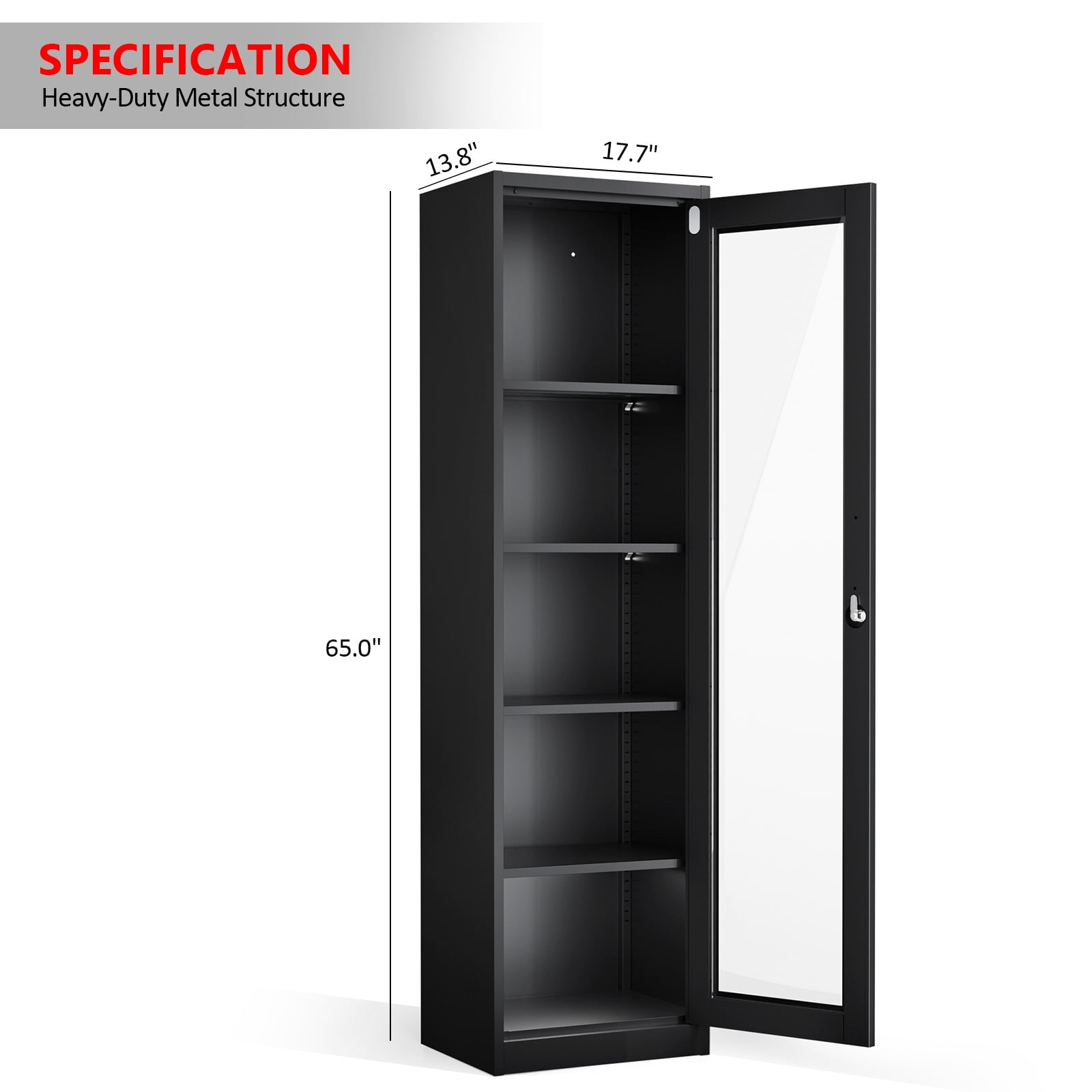 Ktaxon 65" Glass Door Steel Display Cabinet with Lock, Adjustable Shelves, Tall Narrow Storage Cupboard, LED-Ready, Black