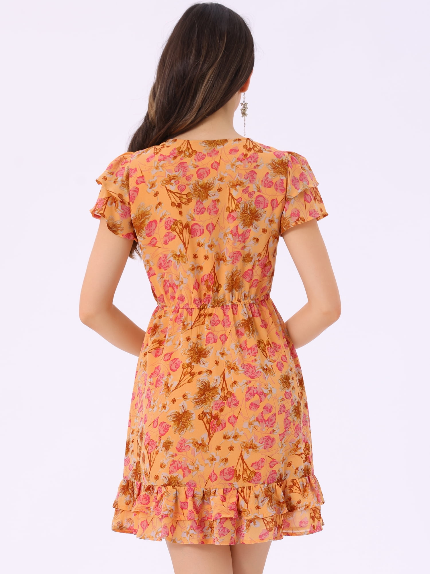 DARING DIVA Women's Self-Tie V Neck Ruffled A-Line Floral Chiffon Dress L Orange