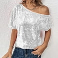 thumbnail image 7 of cocolona Womens Sequin Off Shoulder Tops Summer Short Sleeve Sparkly T-shirts Fashion Casual Loose Blouses, 7 of 7