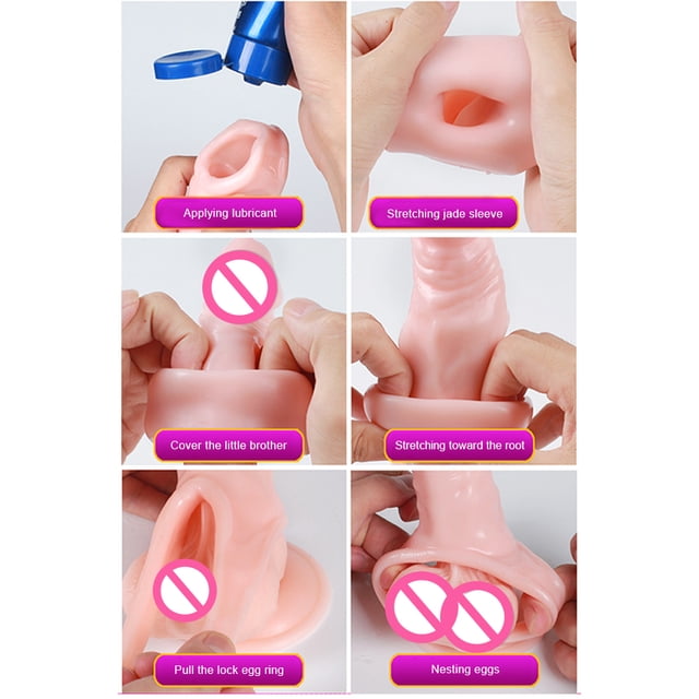 funda para pene extensor condón anillo para pene eyaculación retardada juguetes sexuales productos para adultos Primer plano frontal de la funda de goma suave color piel (según imagen), glande alargado y cuerpo engrosado visibles; se muestra estirada por manos para ilustrar elasticidad, con anillo integrado en la base; tamaño aproximado 24.5×4.2 cm y material goma suave según especificaciones; a menudo usada para prolongar la acción en pareja.