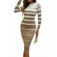 thumbnail image 3 of Female Fashion Striped Dress Long Sleeve Crew Neck Bodycon Midi Ribbed Knit Slim Fit Sweater Dress Khaki S, 3 of 8