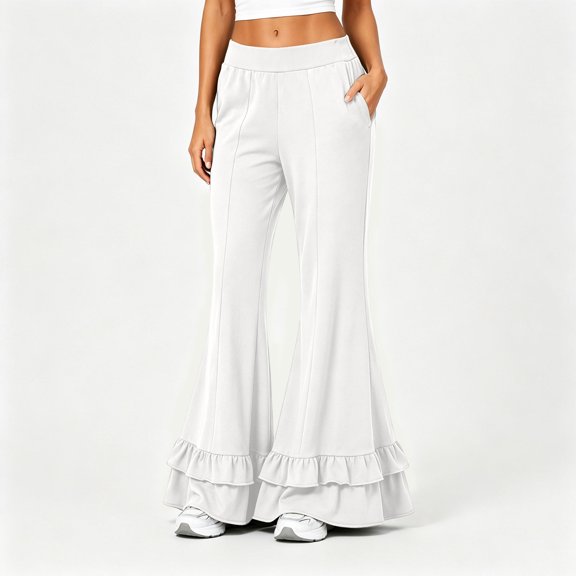 Flare Pants for Women Wide Leg Elastic Waist Loose Casual Pants Layered Ruffled Hem Pants with Pockets, 2XL