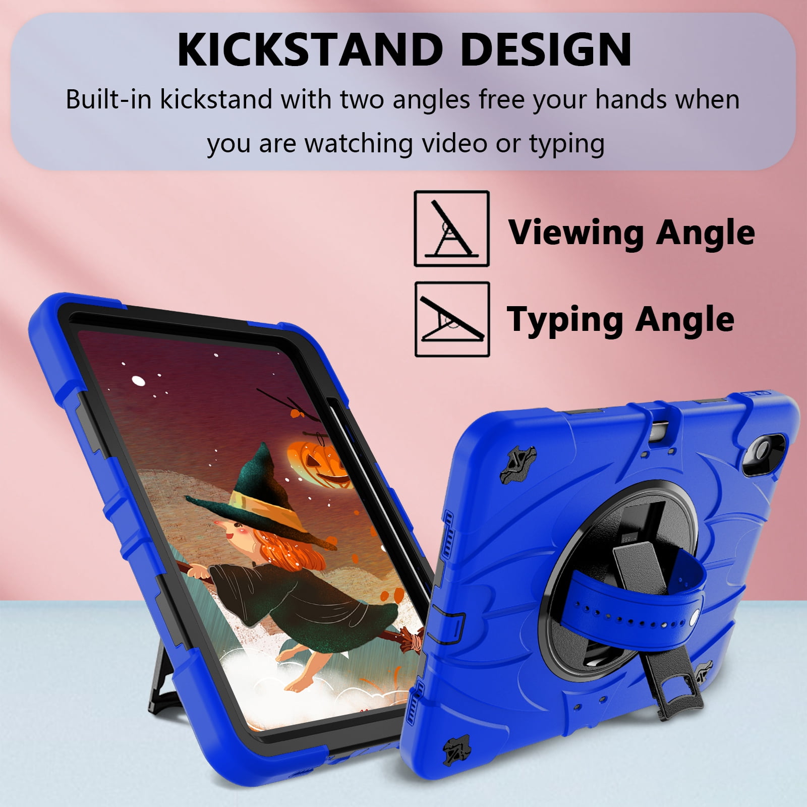 ELEHOLD Case for Apple iPad Air 11 (2024), Heavy Duty Shockproof Case with Pencil Holder/Stand/Hand Strap/Shoulder Belt, Rugged Protective Cover for Boys Girls,Blue