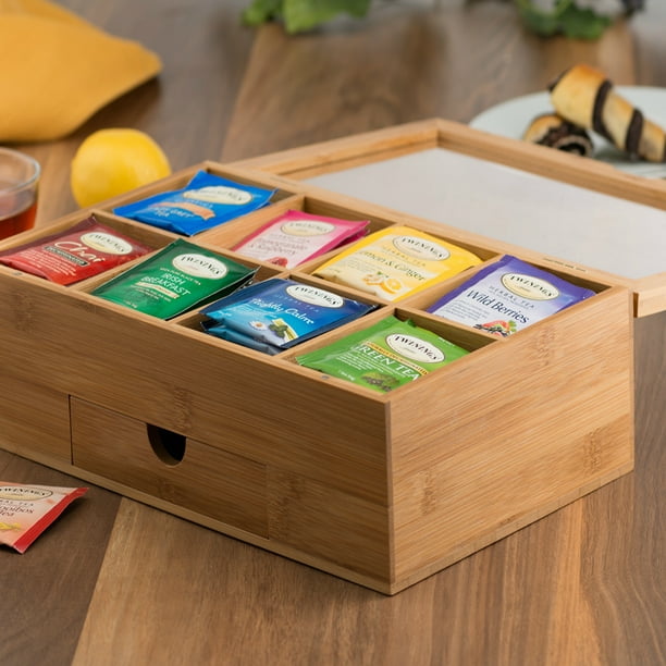 Bamboo Tea Box with 8-Storage Sections and Expandable Drawer