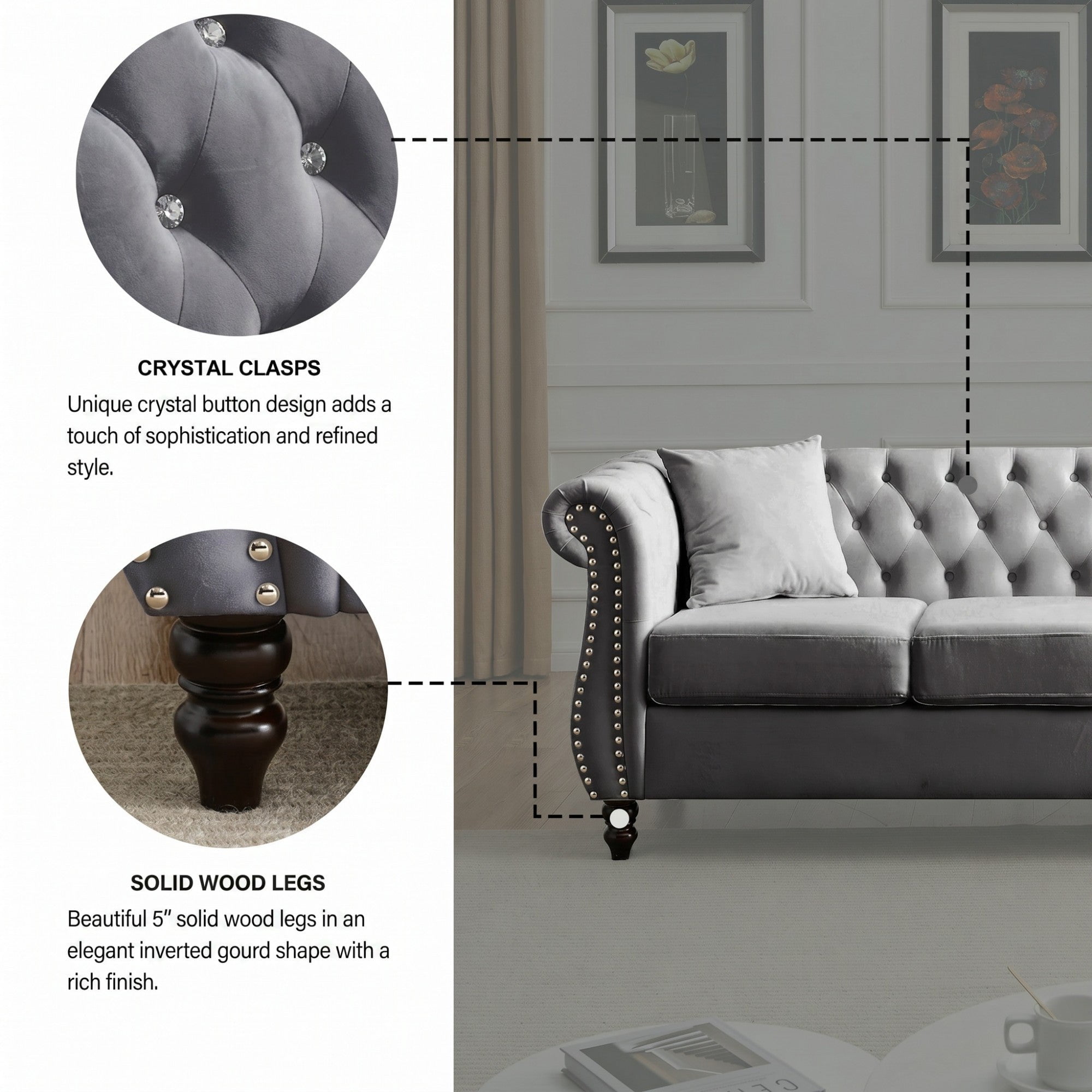 Sailvan 58.8" Velvet Chesterfield Sofa, 2 Seater Tufted Loveseat with Rolled Arms & Nailhead Trim, Grey Couch for Living Room & Office Grey