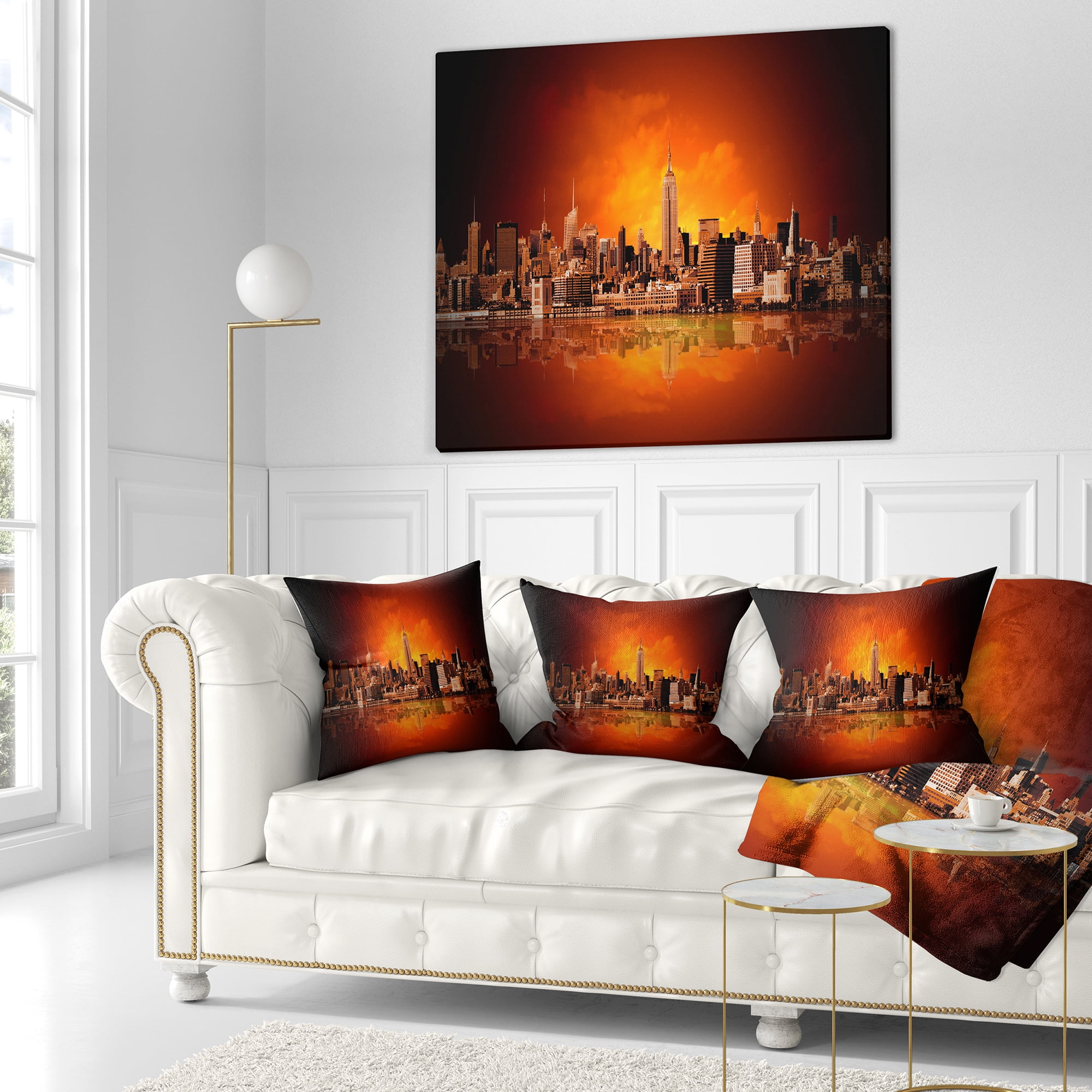 Designart New York City Panorama in Red Light - Cityscape Throw Pillow - 18x18