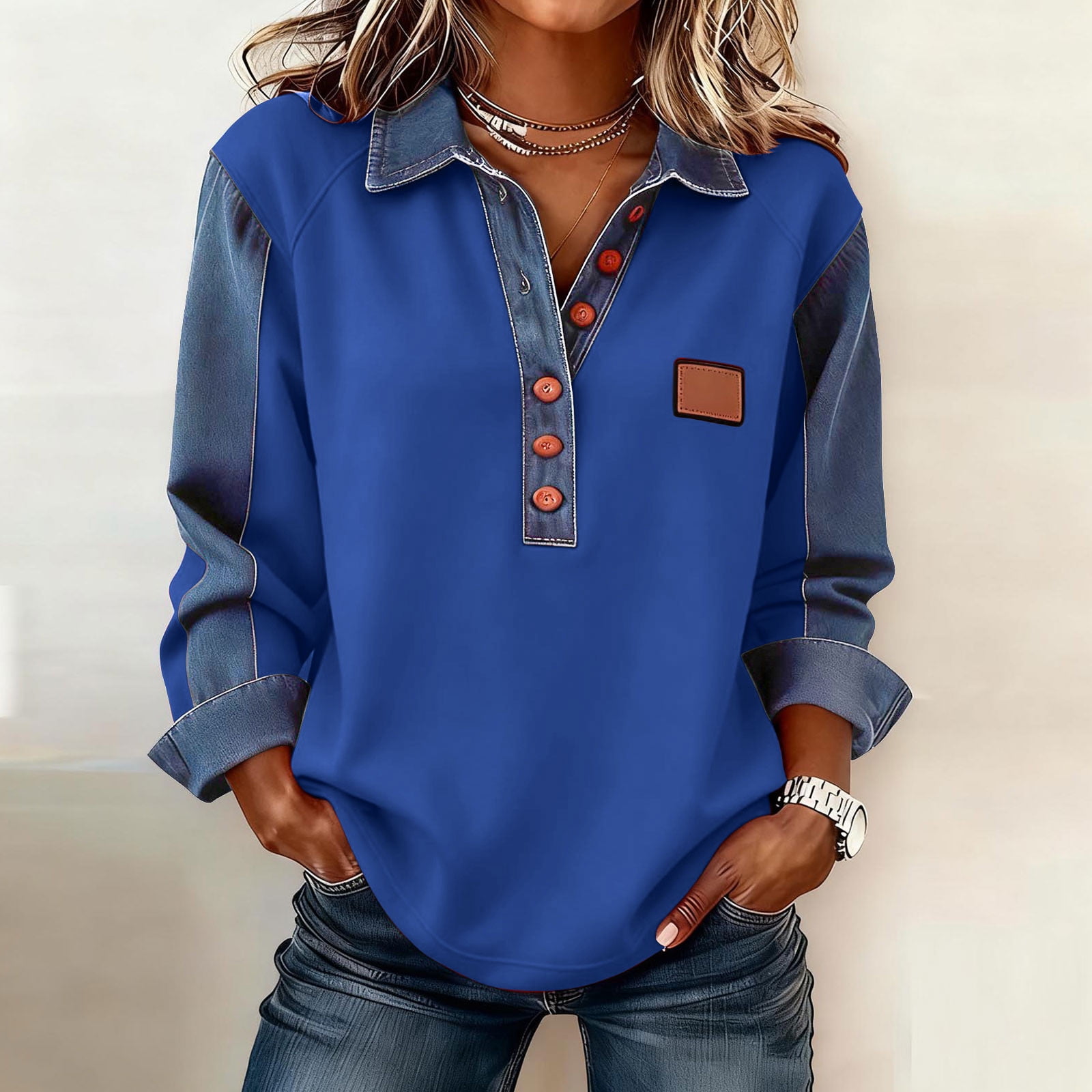 Denim Sweater for Women Collar Button up Patchwork Pullover Tops Vintage Knit Jean Casual Wear Blouses