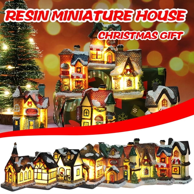 Fiudx Casa de Resina En Miniatura, Decoración con Luz Led, Iluminación Cálida y Romántica, Techo de Fibra de Madera Brillante, Decoración Navideña, Idea de Regalo Festivo, Batería de Botón Incorporad