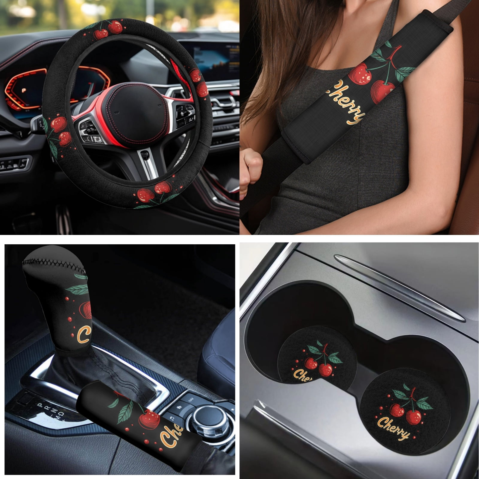 Yuyamidu Cherry Car Seat Cover with Carpet Mats Cute Steering Wheel Cover Seat Belt Strap Pad Handbrake Gear Shift Knob Cover Coasters 15 PCS