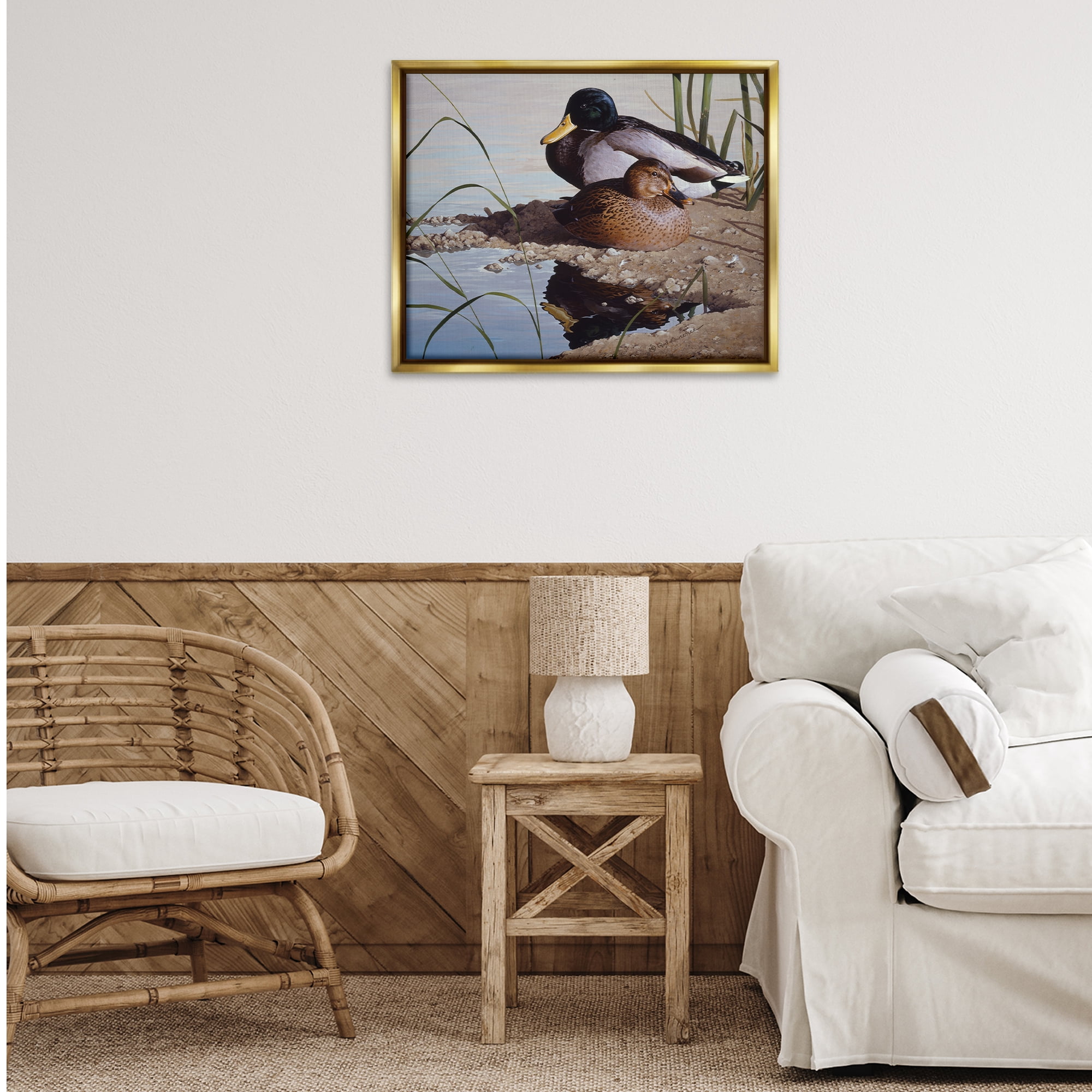 Stupell Industries Two Ducks Water's Edge Animals Painting Gold Floater Framed Canvas Art Print Wall Art, 31 x 25