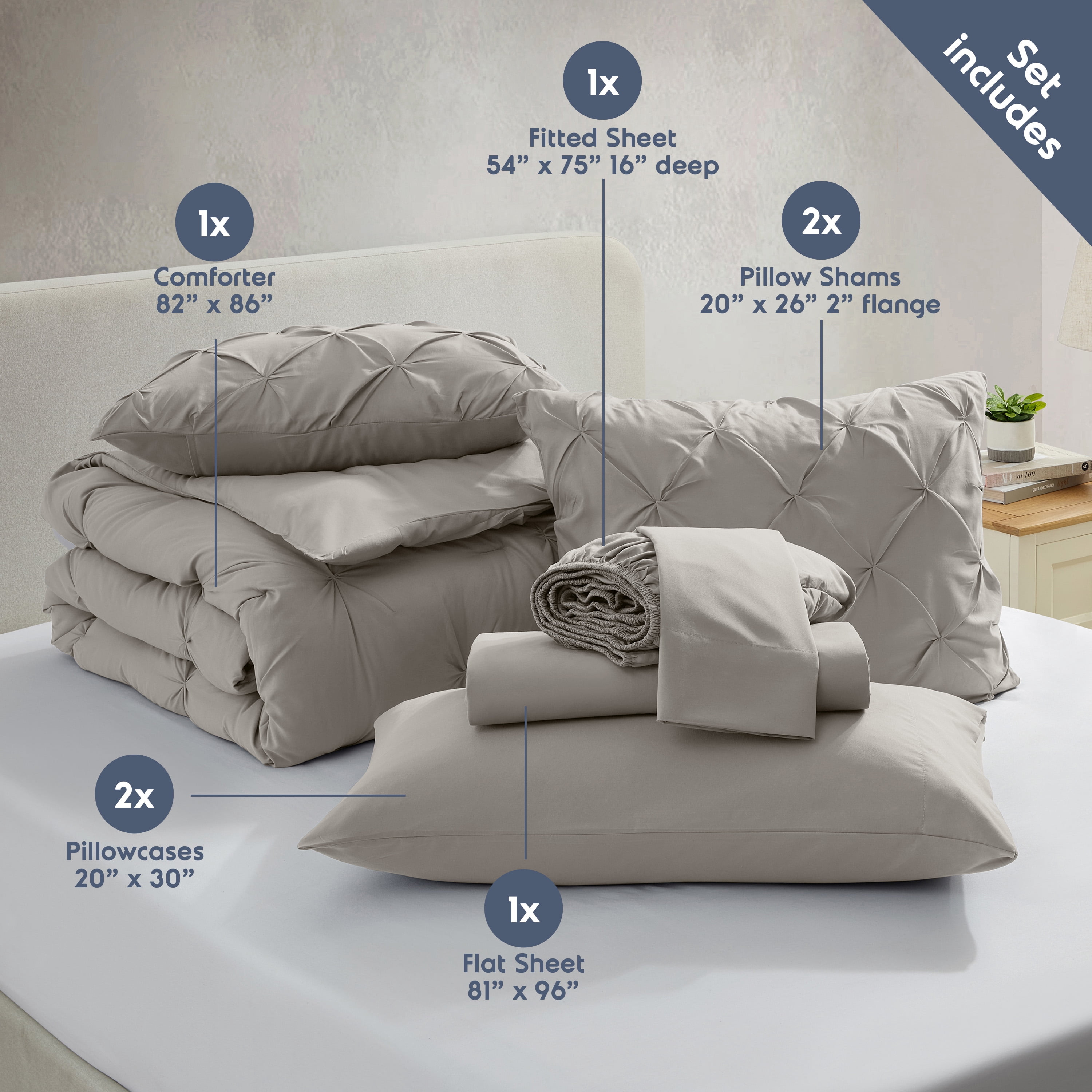 LammaLoe Full Size Comforter Sets, 7 Piece Bed In A Bag Pintuck Bedding Sets, linen