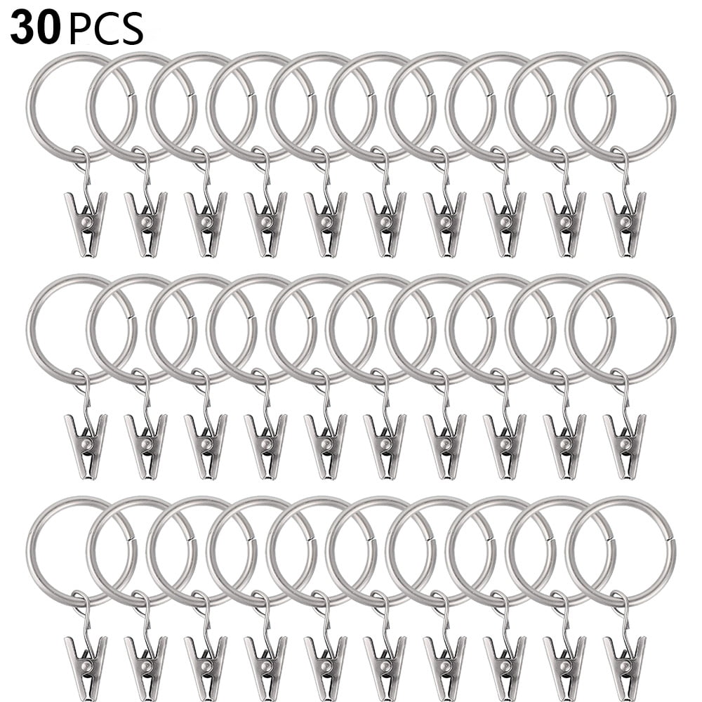 30PCS Stainless Steel Window Shower Curtain Rings With Hook Clips Silver Decor 