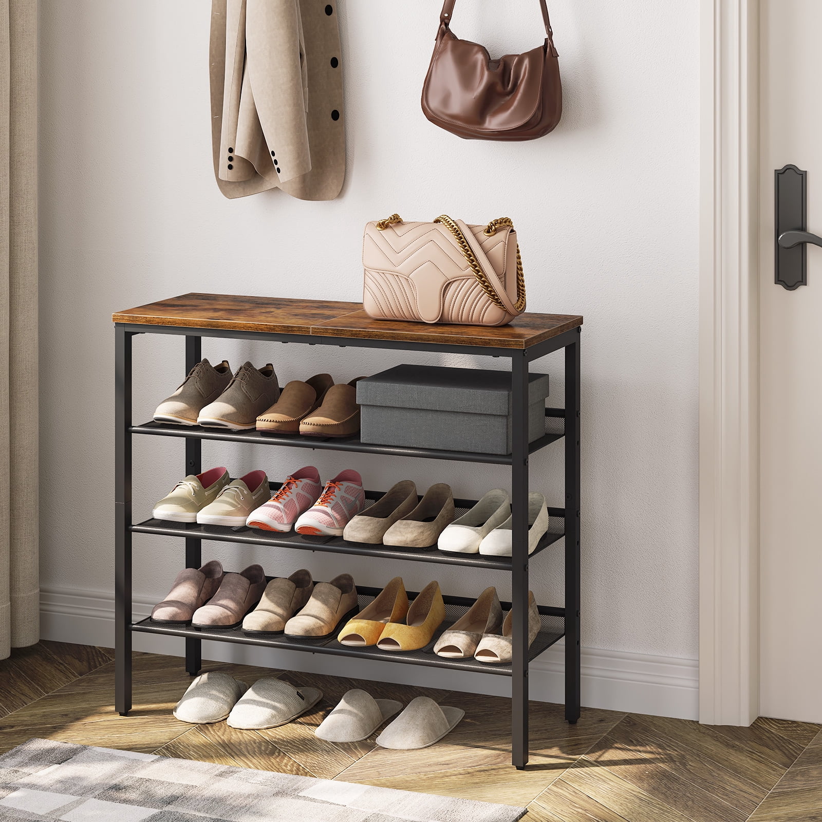 HOOBRO Shoe Rack for Entryway, 4-Tier Shoe Organizer with Adjustable Mesh Shelves, 12-16 Pairs of Shoes, Spacious Floor Mount, Metal, Industrial, Shoe Shelf for Closet, Rustic Brown BF42XJ01