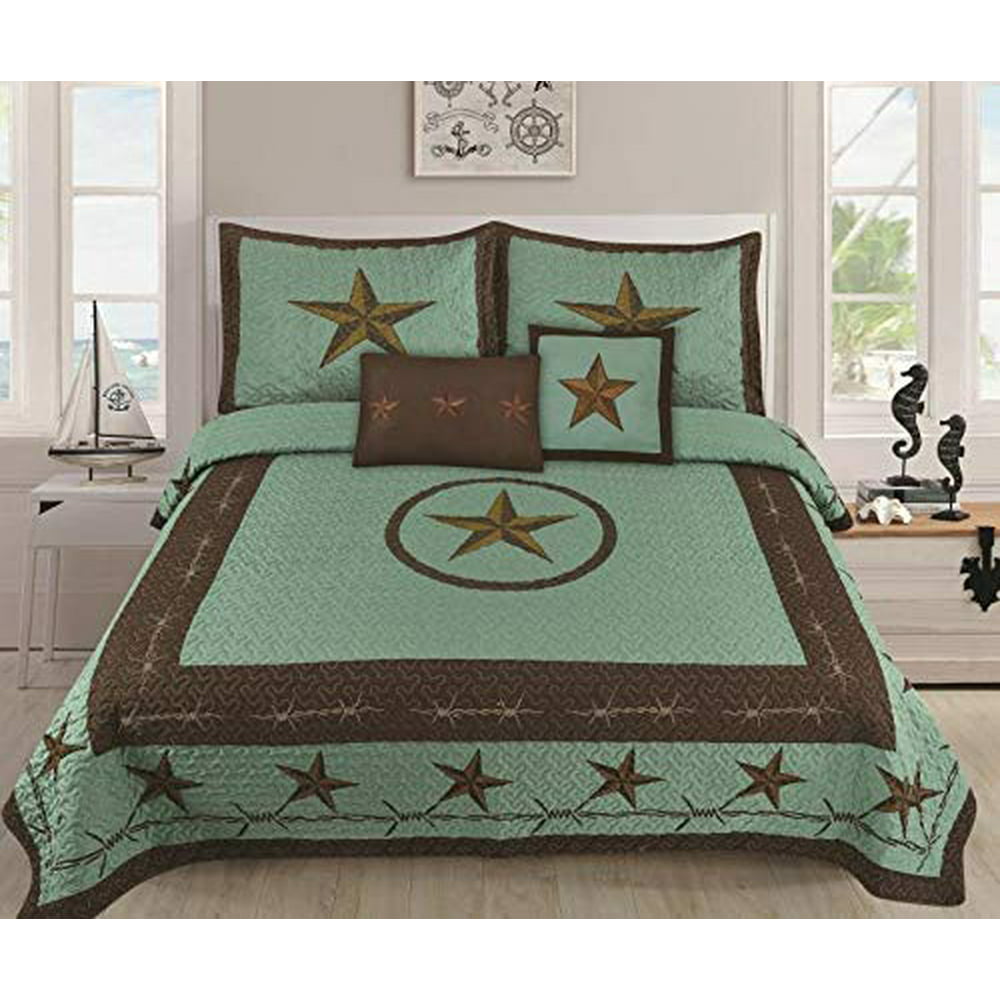 Linen Mart King Quilt 5 Piece Set Bedspread Coverlet Turquoise Brown ...