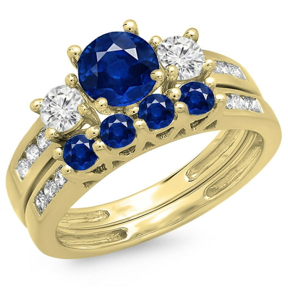 Dazzlingrock Collection 14K Round Blue Sapphire & White Diamond Ladies Bridal 3 Stone Engagement Ring Set, Yellow Gold, Size 8