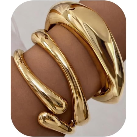 Chunky Gold Bangle Bracelets for Women, 14K Gold Plated Big Stackable Cuff Set, Dainty Thick Dome Teardrop Bangles, Trendy Statement Jewelry Fashion Accessories