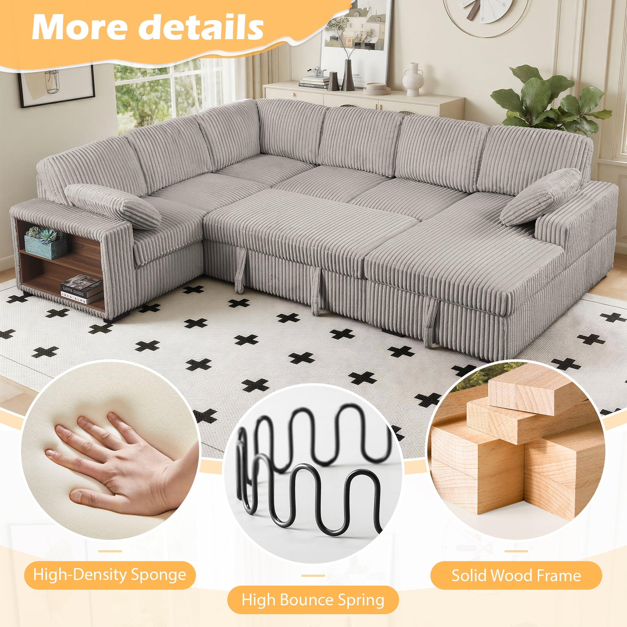 Gewnee 117 inch Sectional Sofa with Pull Out Bed,U-Shaped Modular Sectional with Storage,Cloud Couch for Living Room,Family Room & Apartment,Light Grey