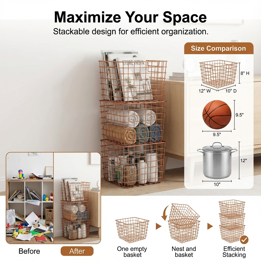 STORE INDYA storeindya Thanksgiving Gifts Wire Basket for Storage Pantry Square Organizer Wire Mesh Baskets Large Organizing Flower Girl Basket Stackable Bins (Copper Cube Collection)