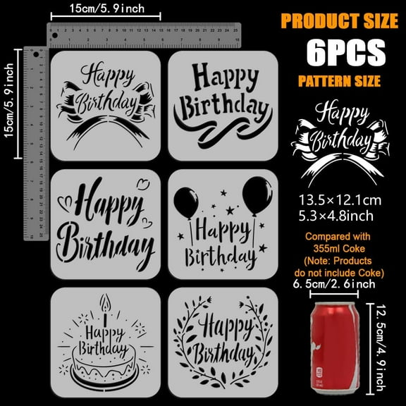 1 set 6 Pcs Happy Birthday Text Stencil with Brush 5.9x5.9inch Birthday Cake Ribbon Balloon Stencil Birthday Theme Template for Greeting Cards Making DIY Decor