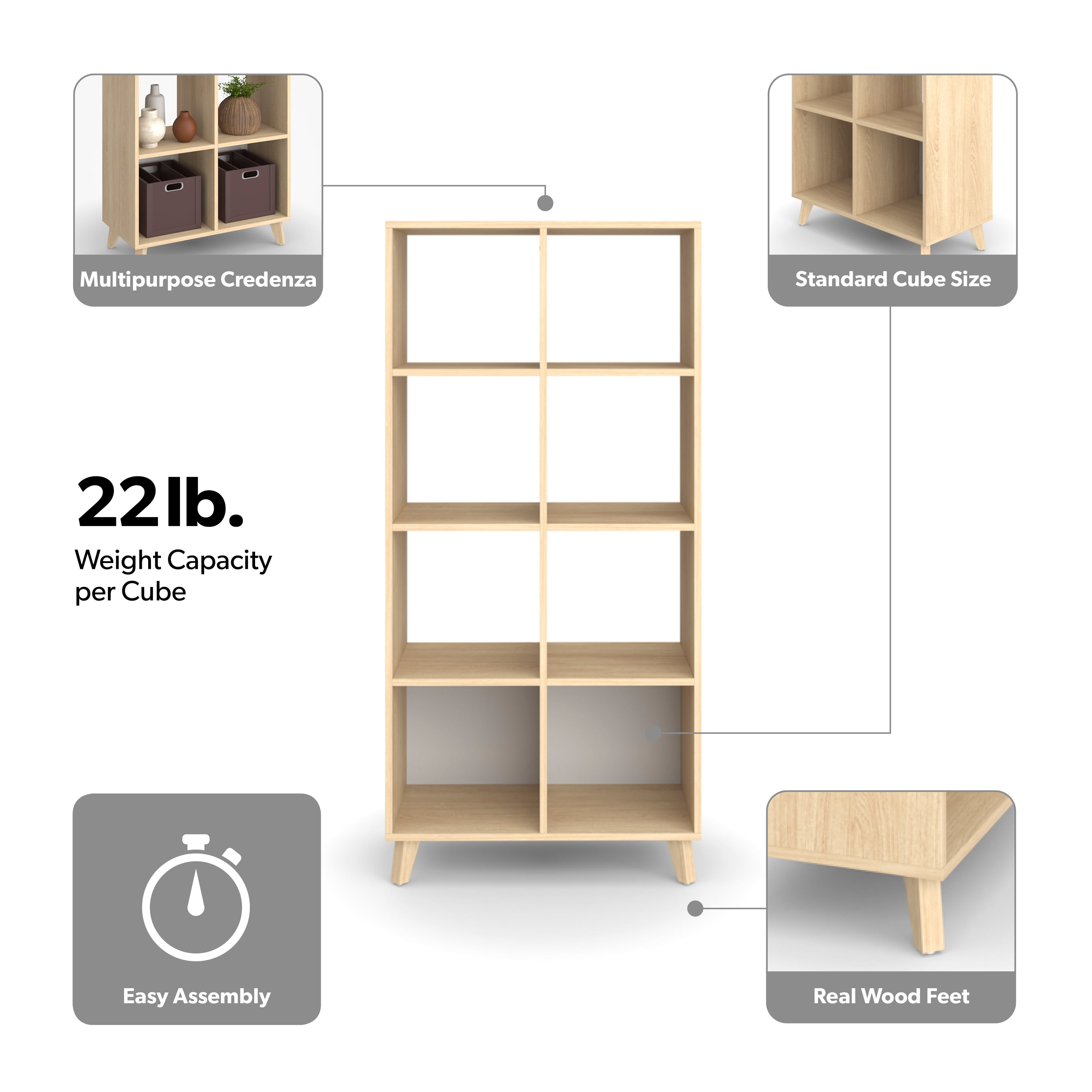 HON Basyx Commercial-Grade 66" High Modern Cube Bookcase, Real Wood Feet, Teak (BSXCUBETTT)
