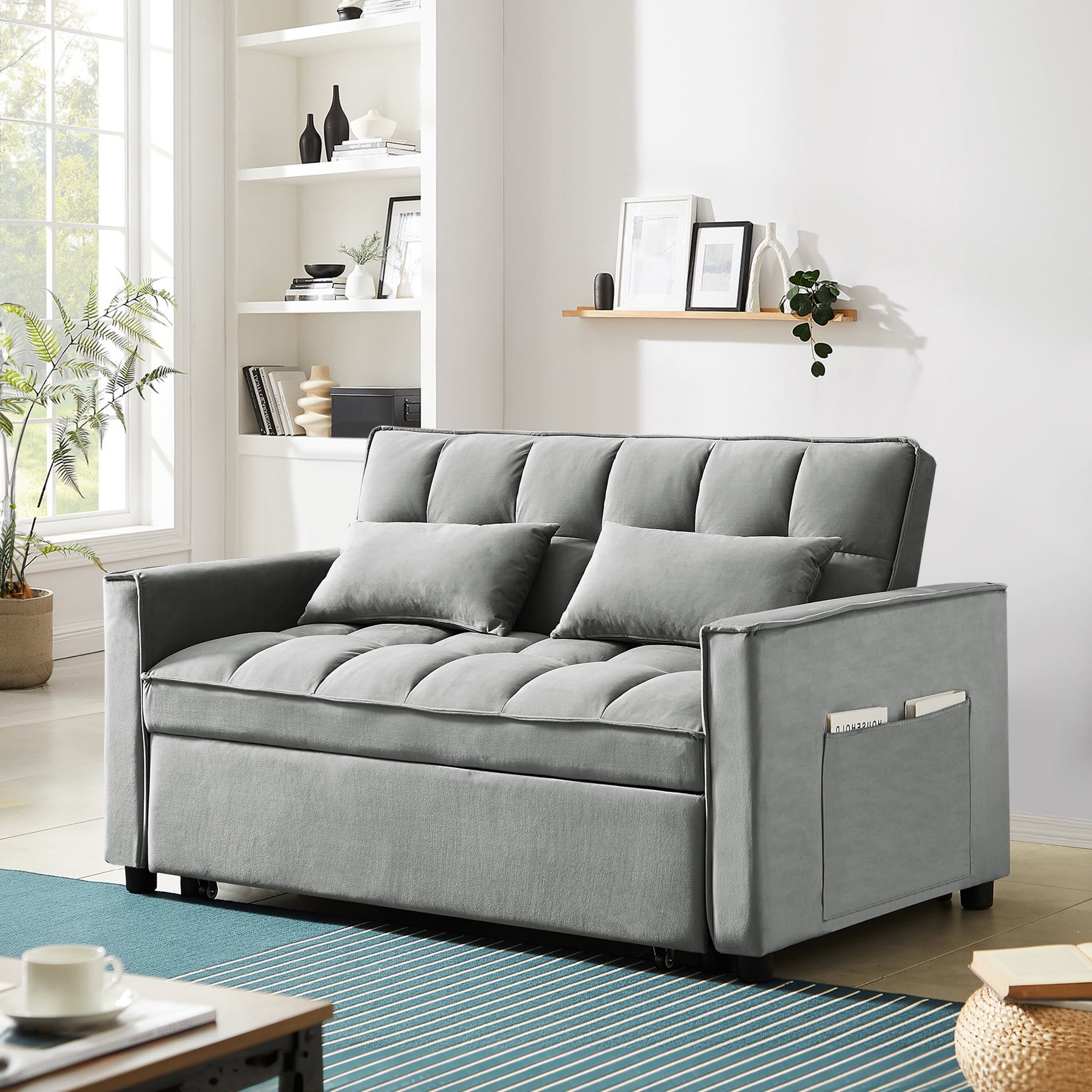 Lunale 4-in-1 Convertible Futon Sofa Bed, Pull Out Couch Beds Loveseat Sleeper, Gray Velvet