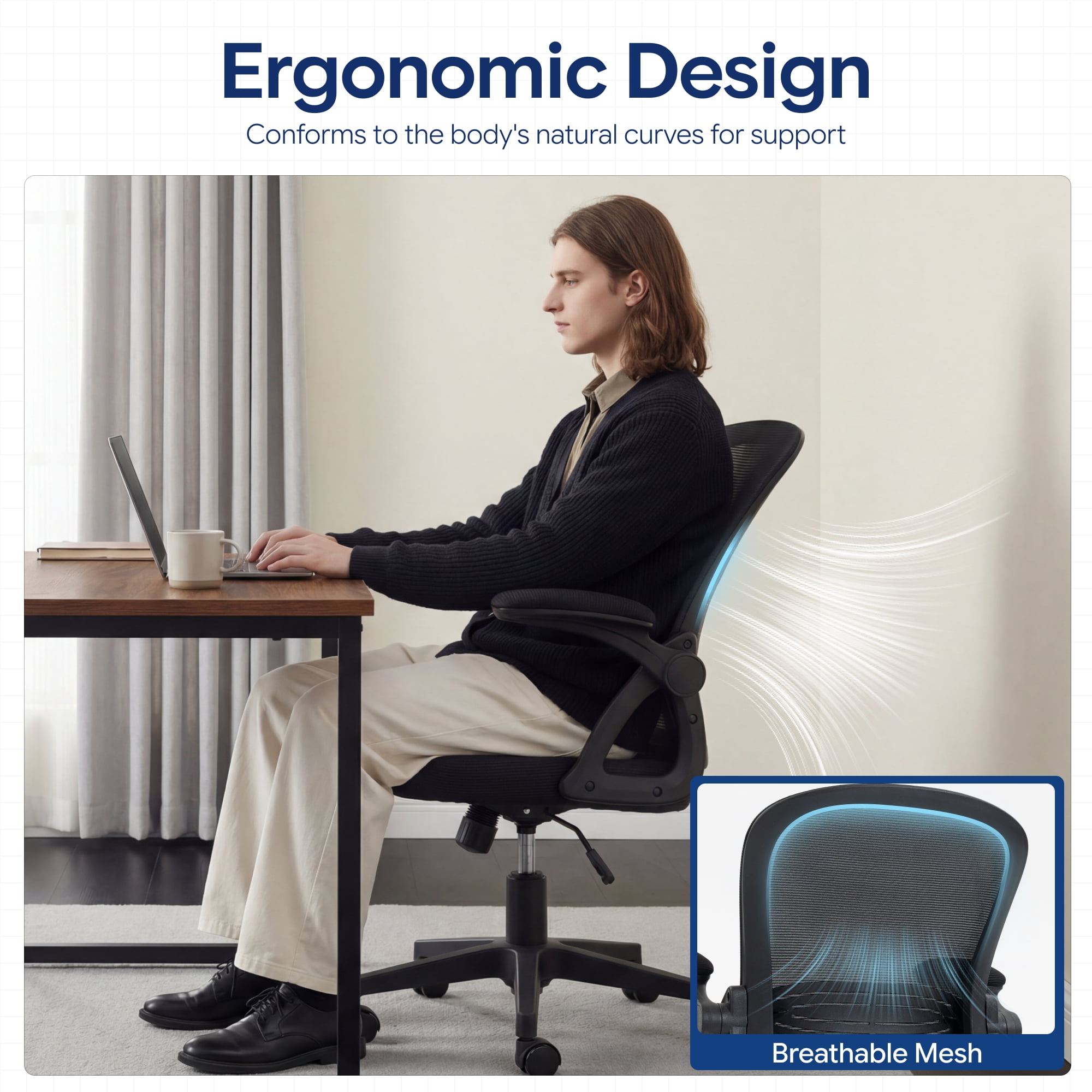 Ultifit Ergonomic Mesh Office Chair, Computer Desk Chair, Flip-Up Arms, Reclining, Rocking, Height Adjustment, Swivel, Black, 300 lbs