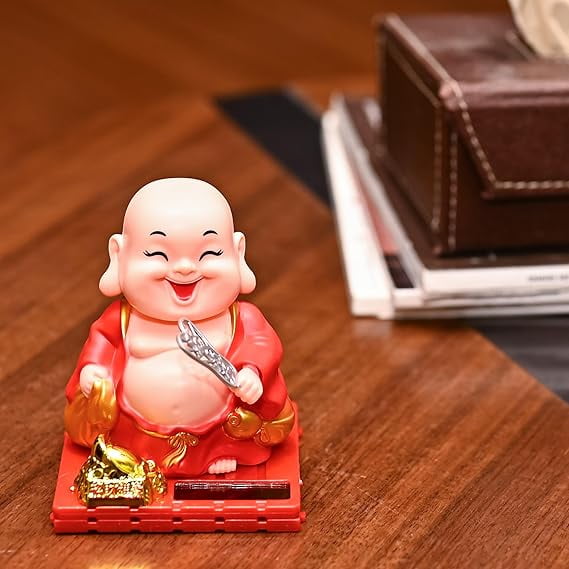Moving Head & Hand Solar Buddha Monk Holding Money Potli - Feng Shui Good Luck Buddha Idol Statue for Car, Home, and Office Decoration (Red)