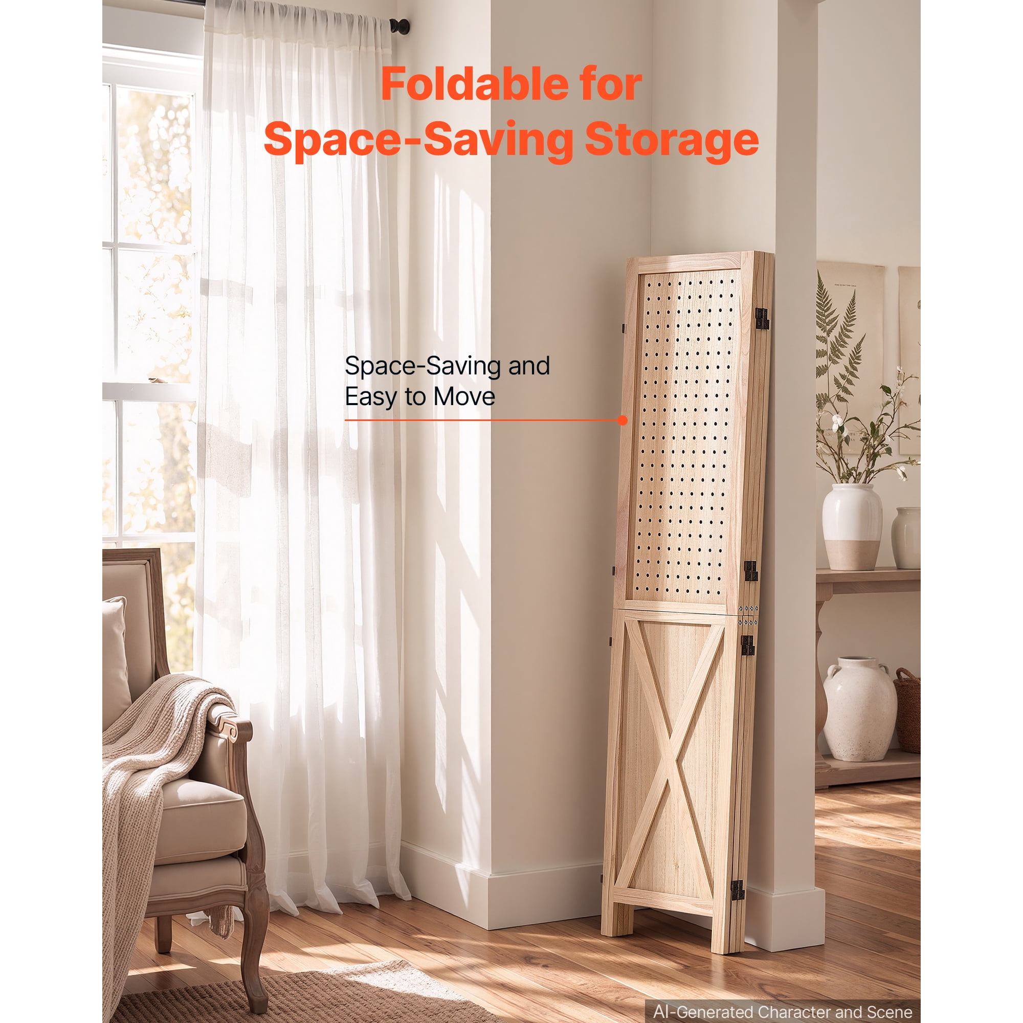 KFFKFF Wood Room Divider with 4 Panels, 59.8" Pegboard Folding Privacy Screen for Home Decor and Room Separation, Solid Frame with X Design, 360° Two-Way Hinges, Rustic Wooden Partition with Hardware
