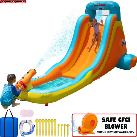 Sportspower My 1st Water Slide, Outdoor Inflatable Waterpark with Splash Pool & Water Cannon, 400W Blower
