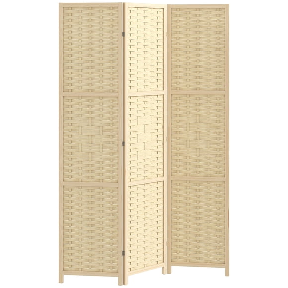 3-Panel Room Divider, 66.7" Freestanding Folding Privacy Screen, Solid Pine Wood & Bamboo Woven Partition for Living Room, Bedroom, Home Office, Natural Wood Color