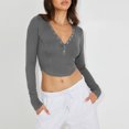 thumbnail image 3 of Blusa Mangas Largas Top con cuello en V profundo, parte superior con botones, camisa básica informal ajustada para mujer Kuymtek Gris T S para Mujer, 3 of 6