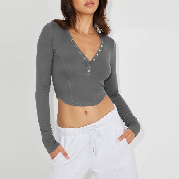 Camiseta básica con cuello en V profundo para mujer Y2k Skinny Top Casual con botones