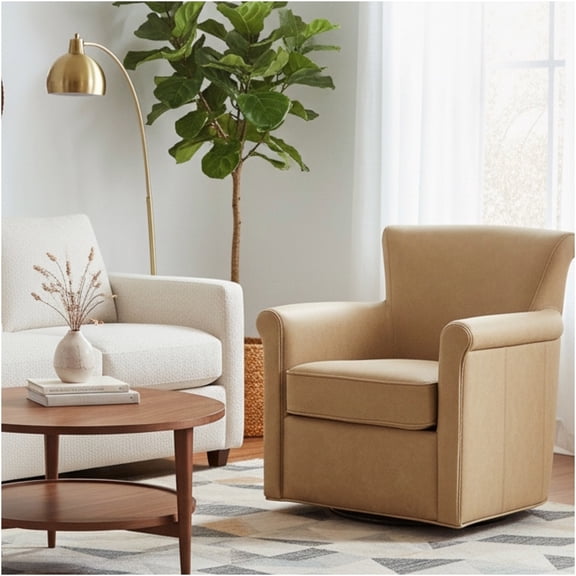 JERFIT Modern Swivel Accent Chair with Removable Cushion, 360° Smooth Rotation, Faux Leather Upholstery, for Living Room, Office, Light Brown