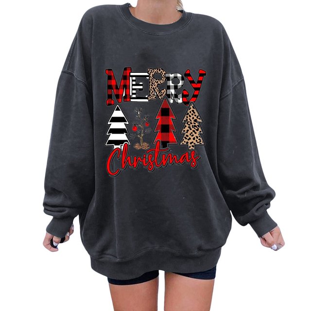 Tops Navideños Para Mujer Blusas de Manga Larga Moda Árbol de Navidad Estampado de Cuello Redondo Camiseta Suelta Otoño Jersey Sudaderas Sin Capucha Odeerbi ODB192816