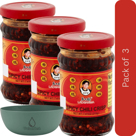 Laoganma Spicy Chili Crisp Sauce, 7.41 Fl Oz, Pack of 3 with Bowl by Value Nest