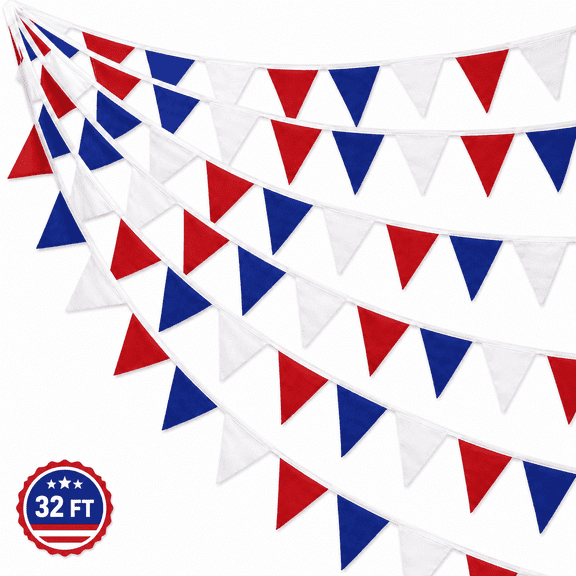 4th of July Fabric Triangle Flag Banner Garland 32 ft,Patriotic Red White Blue Bunting Flags,Independence Day Party Decorations for Outdoor,Graduation,Birthday,Wedding