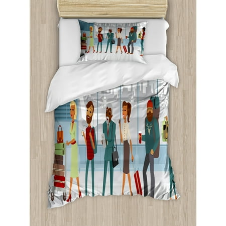 Airport Duvet Cover Set, Cartoon Illustration of Various People at Line with Luggage in Terminal Print, Decorative Bedding Set with Pillow Shams, Multicolor, by (Best Airport Terminals In The World)