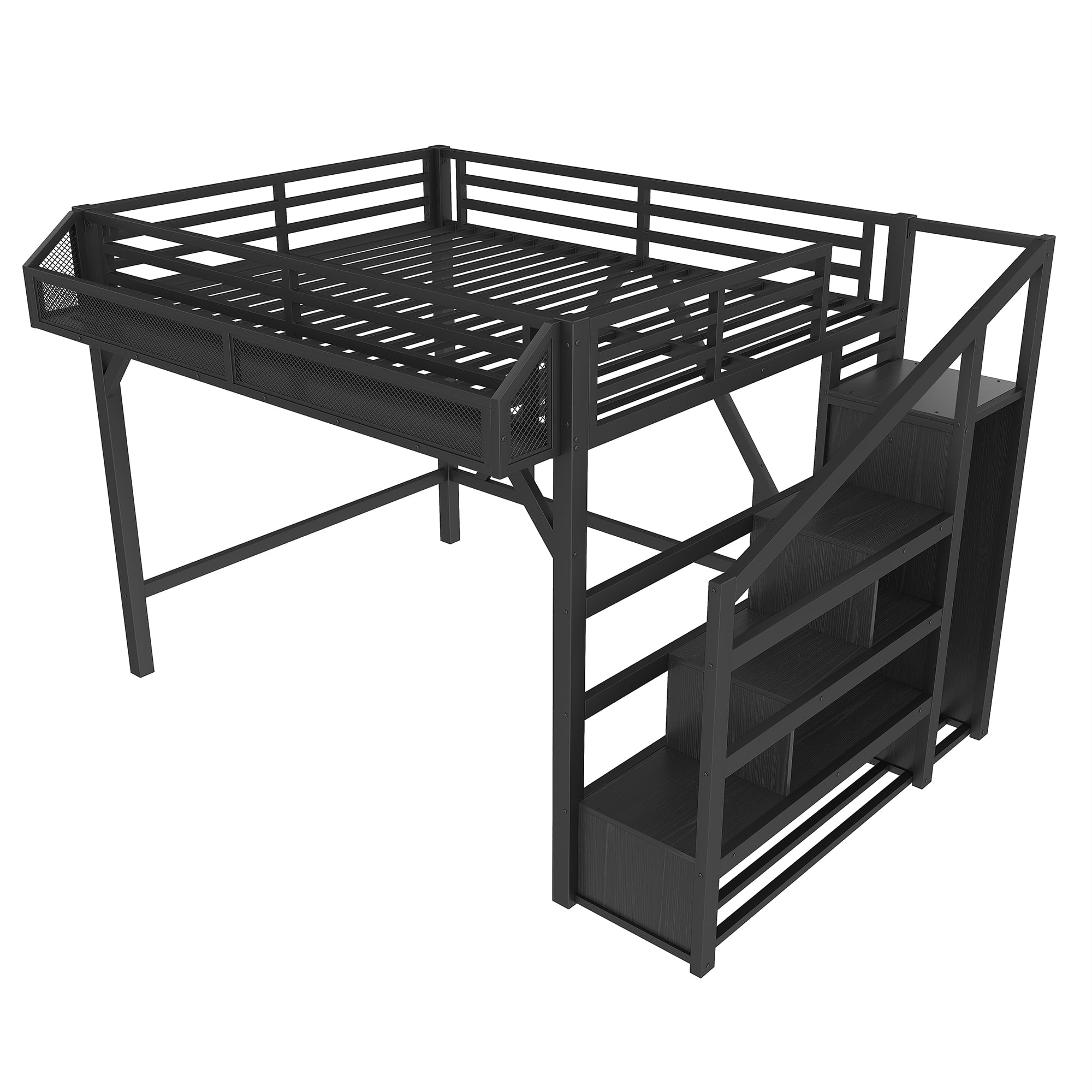 Aukfa Full Metal Loft Bed with Wardrobe, Shelves, USB Ports & LED Lights, Stairs, Space-Saving Bed Frame for Adults & Kids, Black