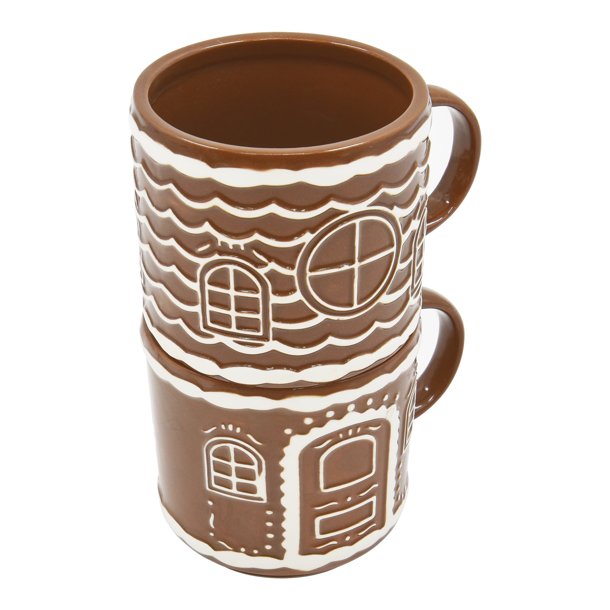 Holiday Time 2 pack Stoneware Gingerbread House Stackable Mug, Brown, Festive Drinkware