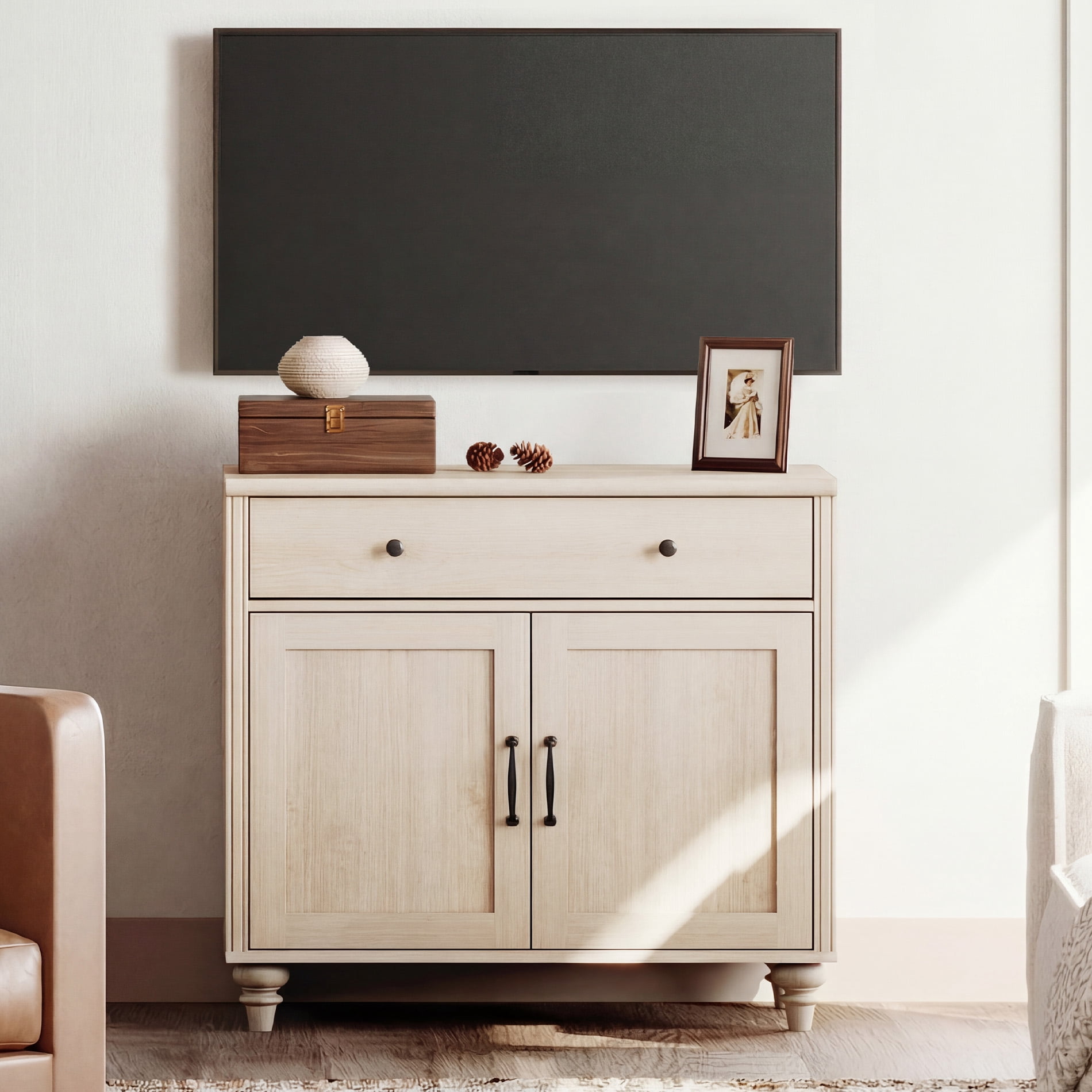 Beige Farmhouse TV Stand for 43 inch TV with Drawer & Doors
