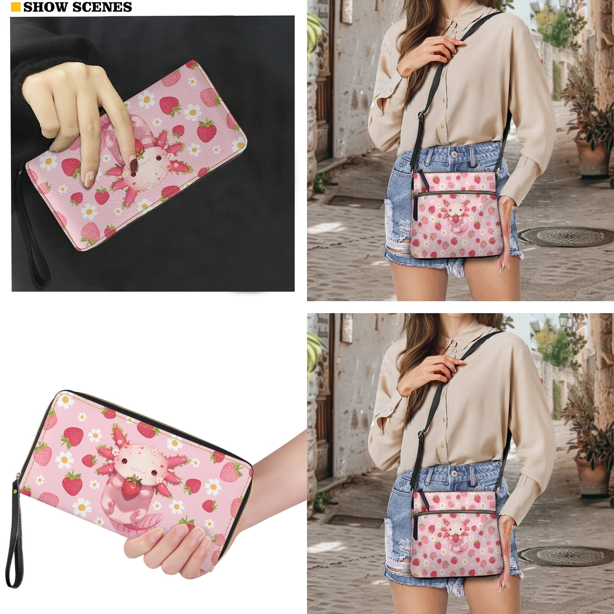 ZUXONGSY Axolotl Strawberry Print Trendy Crossbody Handbag & Wallet Set for Women, PU Leather Hobo Purse with Multi-Pockets, Adjustable Strap