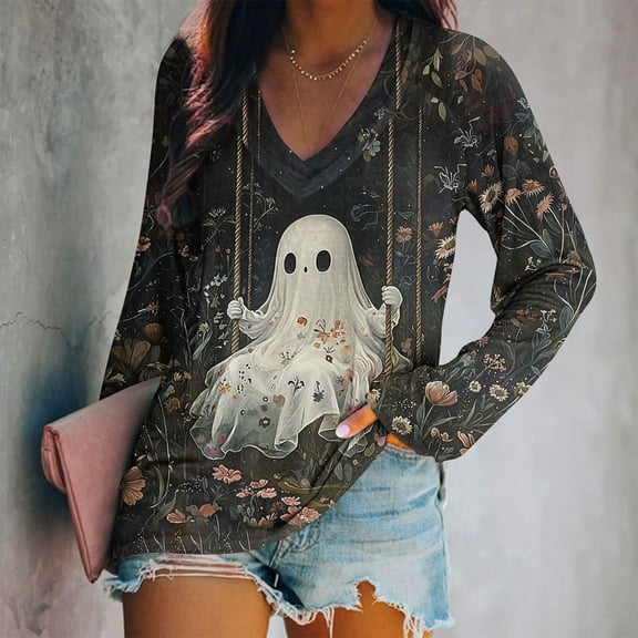 EchfiProm Tops Womens Fall Black Graphic Casual V Neck Long Sleeve Loose T Shirts