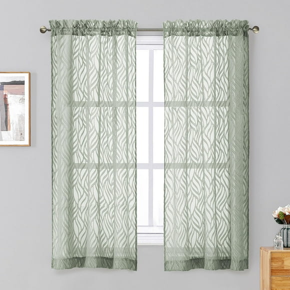 Chyhomenyc Marilyn Sage Green Sheer Curtains 63 Inch Length 2 Panels Light Filtering 3D Leaf Clip Jacquard Textured Voile Drapes for Bedroom Living Room Window 38Wx63L Inches