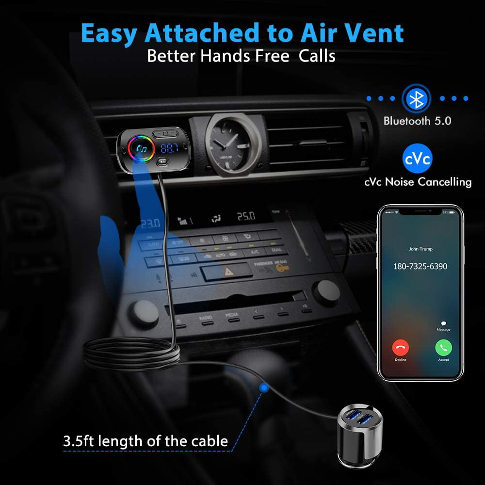Music Player Better Hands Free Car Kit Bluetooth 5.0 Wireless Car Radio Adapter with QC3.0 & 5V/2.4A Dual Charging Port Easy Attached to Air Vent Bluetooth FM Transmitter for Car TB27 