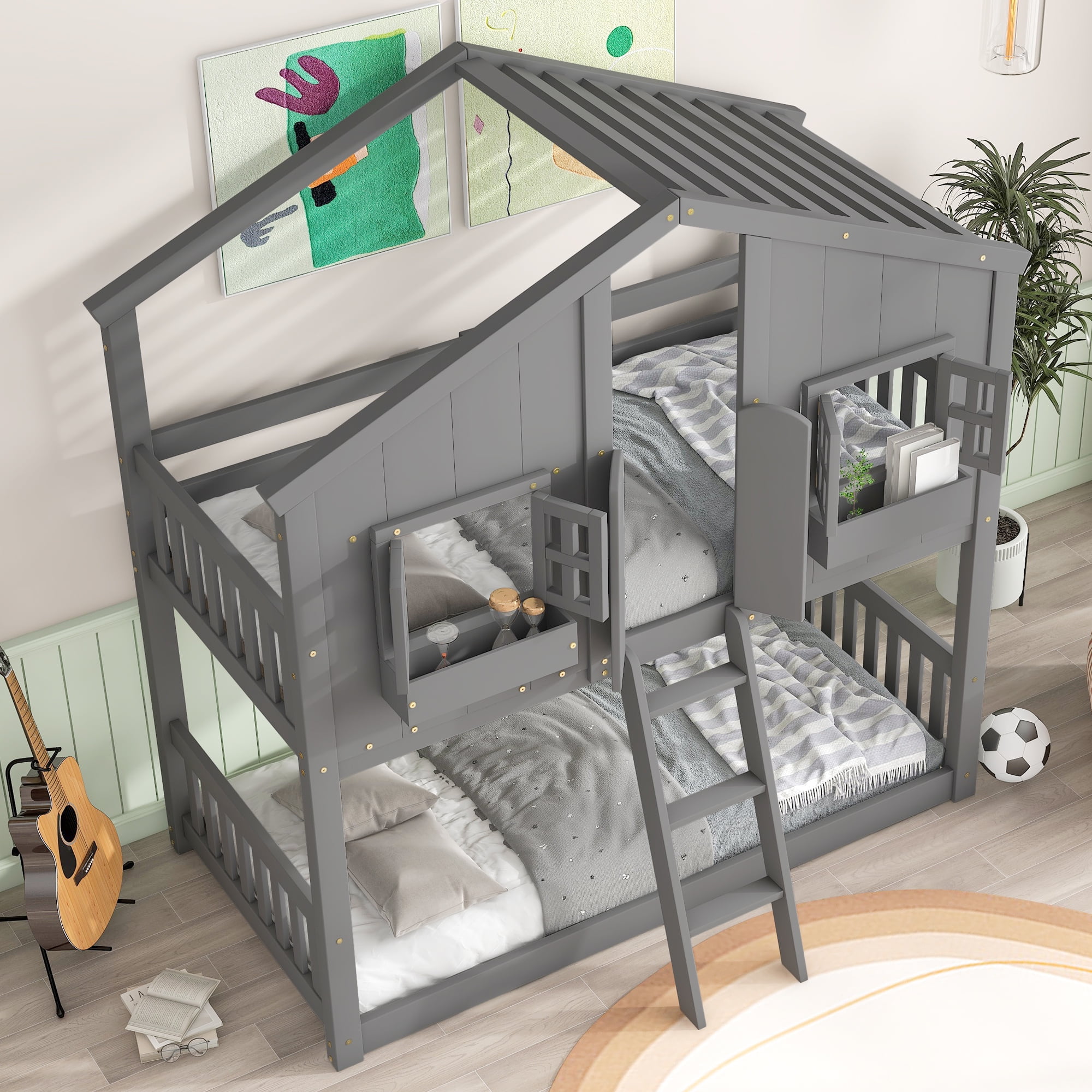 Sailvan Twin over Twin House Bunk Bed with Roof and Window, Low Height Safety Design Grey