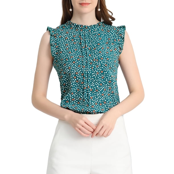 INSPIRAR CHIC Blusa sin mangas para mujer con volantes, oficina de negocios, blusas florales vintage de los años 50, XL, azul verde-floral